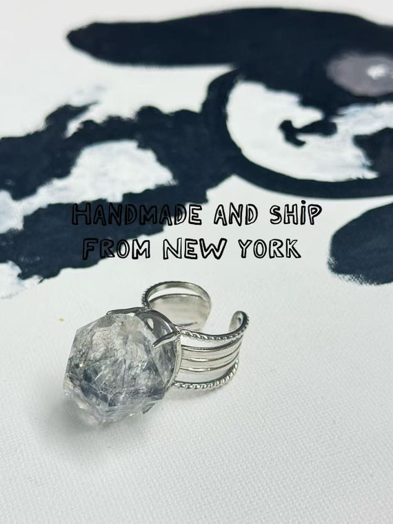 Raw Quartz Crystal Ring Natural Black Tourmaline in Clear Quartz Adjustable Silver Statement Ring Healing Energy Jewelry