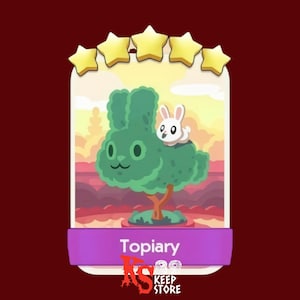 Könnte beinhalten: Digitale Illustration eines Hasen-förmigen Topiaries mit einem kleinen weißen Kaninchen oben. Das Topiary ist grün mit einem braunen Stamm, vor einem Sonnenuntergangshintergrund. Das Wort "Topiary" wird auf einem lila Banner angezeigt.