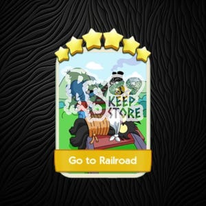 Peut inclure: Une carte de jeu numérique rectangulaire avec cinq étoiles jaunes en haut et une bannière jaune en bas portant le texte Go to Railroad. L'illustration centrale montre un personnage de dessin animé noir attaché sur des rails dans un paysage vert.