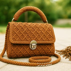 May include: A brown, handcrafted handbag with a woven pattern. The bag features a top handle, a shoulder strap, and a decorative tassel. The bag has a metal clasp and a matching wristlet. The bag is approximately 10 inches wide.