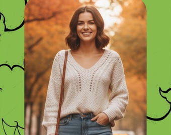 Könnte beinhalten: Eine Frau trägt einen cremefarbenen V-Ausschnitt-Pullover und blaue Jeans. Der Pullover hat ein strukturiertes Strickmuster. Das Bild ist mit einem grünen Rahmen versehen und die Worte "PDF PATTERN" stehen oben. Eine braune Ledertasche ist über der Schulter.