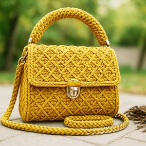 May include: Mustard yellow crochet handbag with a braided handle and shoulder strap. The bag features a geometric pattern on the front and a metal clasp closure. A matching braided wristlet is also included.
