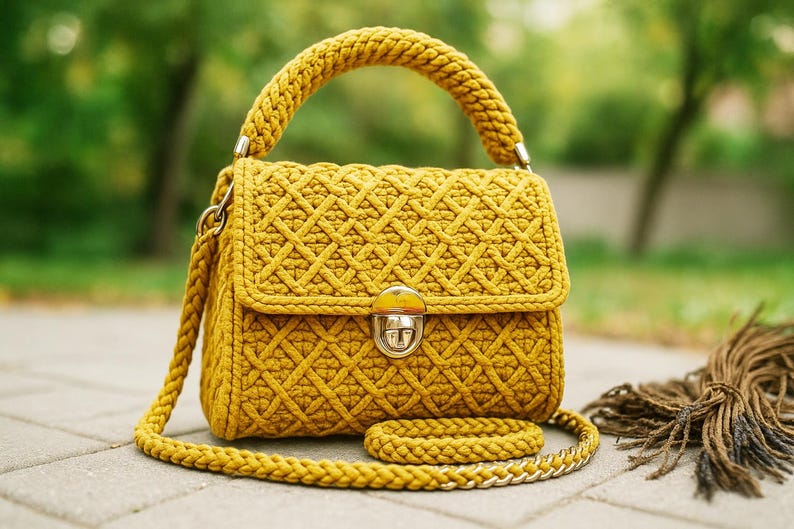 May include: Mustard yellow crochet handbag with a braided handle and shoulder strap. The bag features a geometric pattern on the front and a metal clasp closure. A matching braided wristlet is also included.