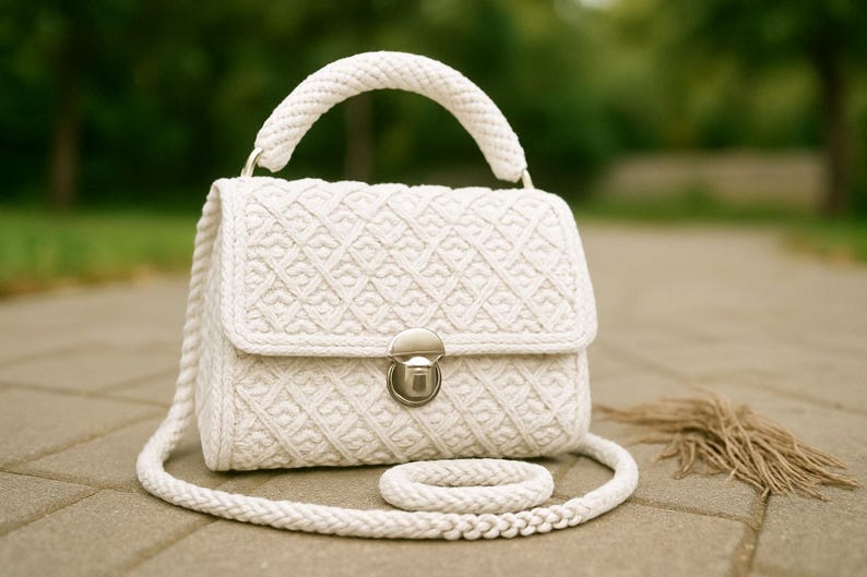 May include: Cream-colored handbag with a woven pattern, a top handle, and a long shoulder strap. The bag has a silver-colored clasp and a matching bracelet. A small bundle of tan-colored fibers rests beside the bag. The bag is made of a soft, woven material.