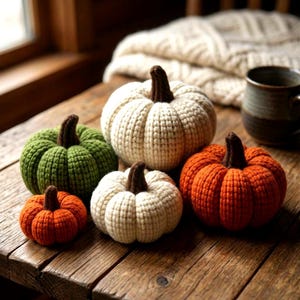 May include: A collection of five crocheted pumpkins in varying sizes and colors, including one large cream, one medium green, one medium orange, one small cream, and one small orange pumpkin, each featuring a dark brown crocheted stem.