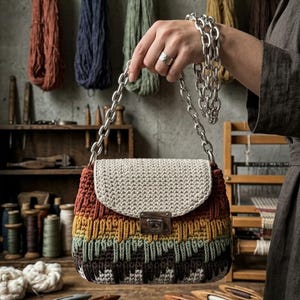 May include: A handmade crochet handbag with a silver chain strap. The bag features a cream-colored flap and a body with horizontal stripes in shades of orange, yellow, green, and brown. The bag is held in front of a rustic workshop setting.
