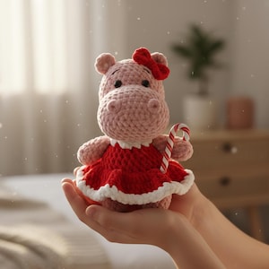 May include: A crocheted pink hippo doll wearing a red dress with white trim and a red bow. The hippo holds a candy cane. The doll is a handmade item.