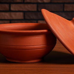 May include: A terracotta bowl with a lid, set on a wooden surface. The bowl is round with a flared rim and horizontal grooves. The lid is angled, revealing the bowl's interior. The terracotta is a warm, earthy colour.