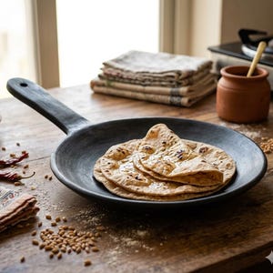May include: A rustic, black, wooden pan holds a stack of golden-brown flatbreads. The pan sits on a wooden table, with scattered grains and dried red peppers. A small clay pot and folded cloth are also visible.