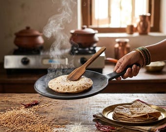 Natural Black Clay Roti Tawa – Handmade Earthen Cookware with Handle, Healthy Cooking Pan