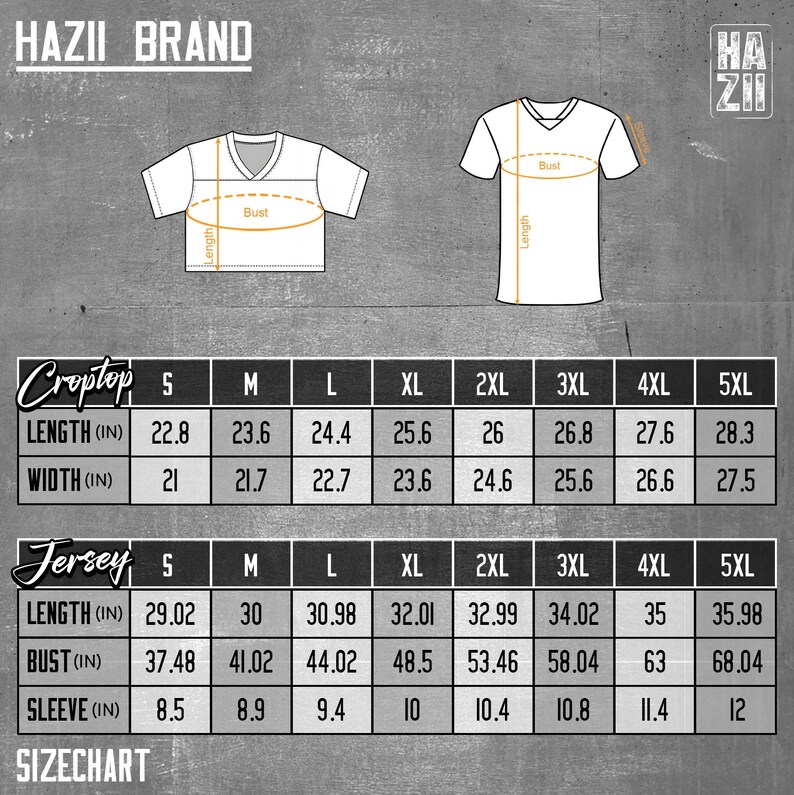 May include: A size chart for Hazii Brand featuring a white line drawing of a crop top and a jersey with labeled bust, length, and sleeve measurements. The chart provides dimensions in inches for sizes S through 5XL for both garment styles.