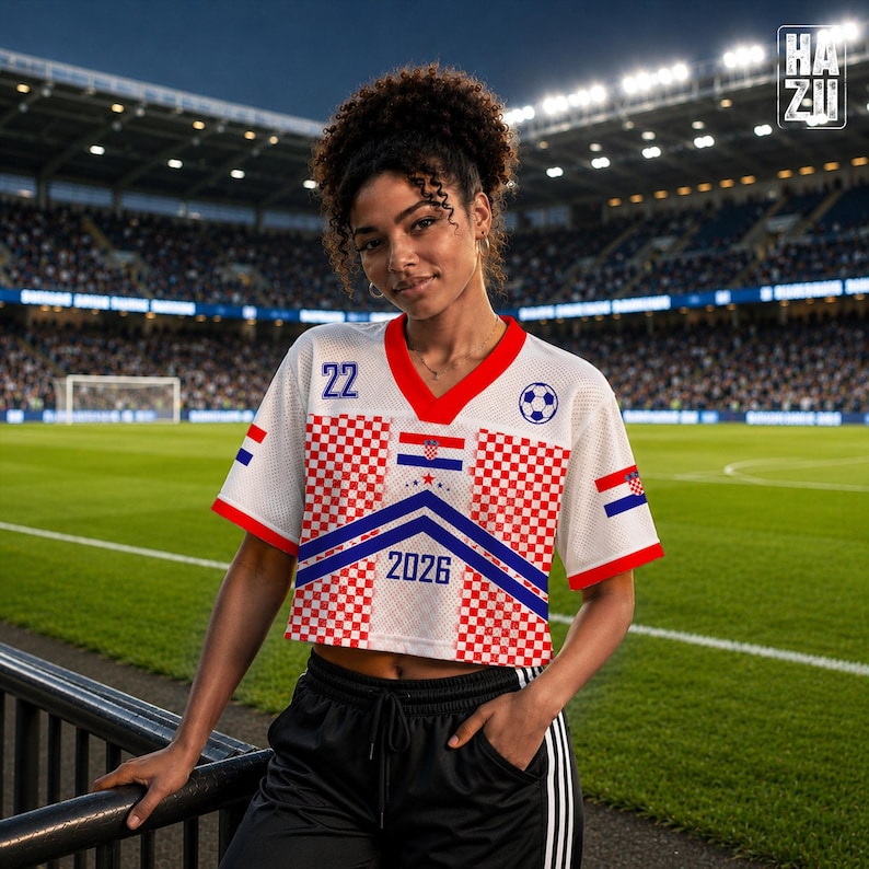 May include: A white cropped jersey featuring a red and white checkered pattern, a V-neck collar, and the number 22. The shirt displays the Croatian flag, a soccer ball icon, and the text 2026. It is paired with black athletic shorts with white stripes.