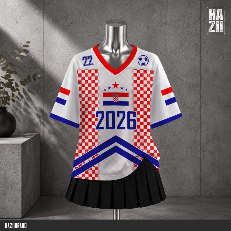 May include: A white V-neck jersey featuring a red and white checkered pattern, the number 22, a soccer ball icon, the number 2026, and a central Croatian flag graphic with blue and white chevron stripes, paired with a black pleated skirt.