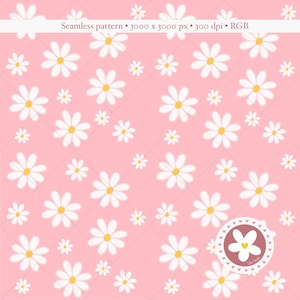 Pode incluir: Um padrão digital contínuo com flores de margarida brancas com centros amarelos espalhadas sobre um fundo rosa sólido. O topo inclui o texto Seamless pattern 3000 x 3000 px 300 dpi RGB. Um logótipo circular com um ícone de flor está presente.
