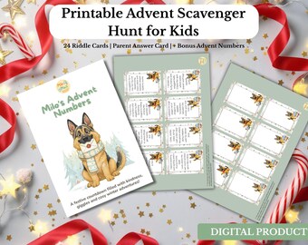 Puede incluir: Búsqueda del tesoro de Adviento imprimible para niños. La imagen muestra un diseño festivo con el texto "Milo's Advent Numbers" y "24 tarjetas de acertijos". Un perro pastor alemán de dibujos animados aparece en la portada. Cintas rojas y estrellas doradas.