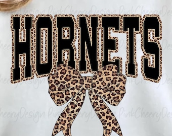 Hornets Mascot PNG, Leopard Varsity Coquette Bow Design, School Spirit Game Day Hornets Shirt PNG, Sports Team Sublimation File