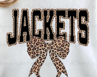 Jackets Mascot PNG, Leopard Varsity Coquette Bow Design, School Spirit Game Day Jackets Shirt PNG, Sports Team Sublimation File