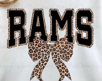 Rams Mascot PNG, Leopard Varsity Coquette Bow Design, School Spirit Game Day Rams Shirt PNG, Sports Team Sublimation File