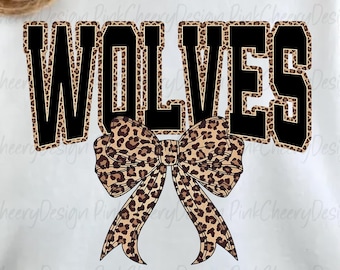 Wolves Mascot PNG, Leopard Varsity Coquette Bow Design, School Spirit Game Day Wolves Shirt PNG, Sports Team Sublimation File