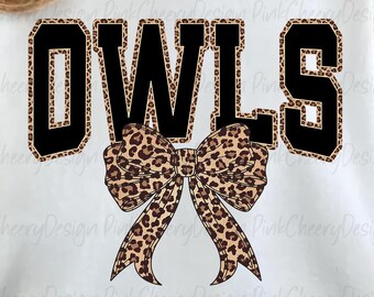 Mascotte de hiboux PNG, conception de noeud de coquette universitaire léopard, chemise de hiboux de jour de jeu d'esprit d'école PNG, fichier de sublimation d'équipe de sport