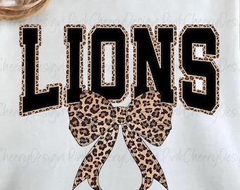 Lions Mascot PNG, Leopard Varsity Coquette Bow Design, School Spirit Game Day Lions Shirt PNG, Sports Team Sublimation File