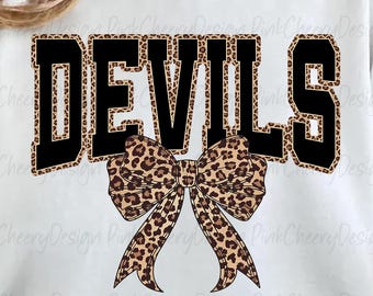 Devils Mascot PNG, Leopard Varsity Coquette Bow Design, School Spirit Game Day Devils Shirt PNG, Sports Team Sublimation File