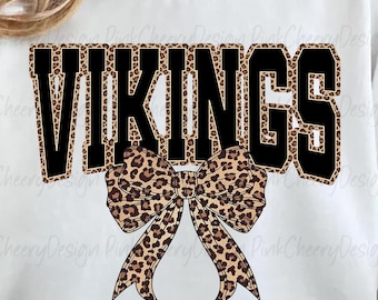 Mascotte dei Vikings in formato PNG, design con fiocco leopardato della squadra universitaria, maglietta dei Vikings per la giornata della partita con spirito scolastico in formato PNG, file di sublimazione della squadra sportiva