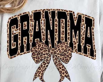 Grandma Leopard Coquette Bow PNG – Leopard Grandma PNG, Varsity Grandma Png, Retro Grandma Shirt Png, PNG for Mother’s Day Sublimation