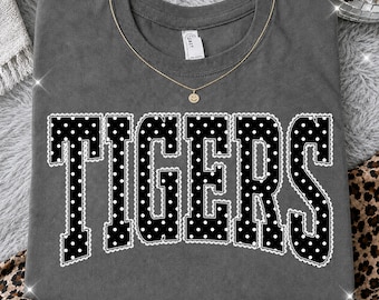Tigers PNG, Black Polka Dot Lace Tigers Mascot PNG, Varsity School Spirit Game Day Shirt Design, Team Spirit Sublimation PNG