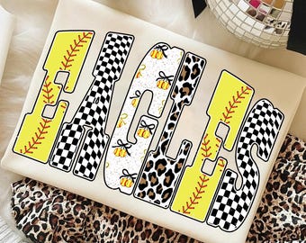 Eagles Softball PNG, Eagles Team Mascot School Spirit Design, Checker Leopard Bow Letters, Game Day Shirt Sublimation PNG