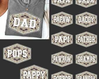 Camo Dad Bundle PNG, Father’s Day Family Names Bundle, Dad Grandpa Papa Pops PNG, Vintage Camouflage Dad Shirt Design, Sublimation PNG