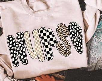 Nurse PNG, Neutral Checkered Leopard Typography, Retro Nurse Shirt Design, Nurse Gift PNG, Trendy Sublimation, Digital Download