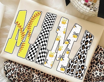 Softball Mama PNG, MAMA Softball Mom Design, Lettere a fiocco leopardato a scacchi, Maglietta per il giorno della partita in formato PNG, Download digitale