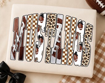 Mustangs Football PNG, Mustangs Mascot Shirt Design, Game Day School Spirit, Leopard Checkered Coquette Bow Sublimation PNG