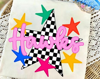 Hawks PNG, Checkered Star Hawks Mascot PNG, Colorful Stars School Spirit Game Day Shirt Design, Team Spirit Sublimation PNG