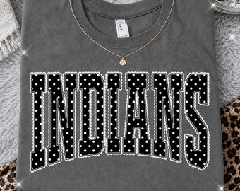 Indians PNG, Black Polka Dot Lace Indians Mascot PNG, Varsity School Spirit Game Day Shirt Design, Team Spirit Sublimation PNG