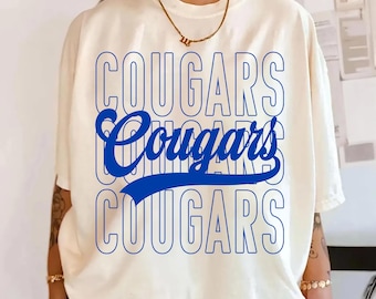 Cougars PNG, Mascotte Cougars Script PNG, Design maglietta Cougars School Spirit, File di sublimazione per sport durante le partite, Download digitale