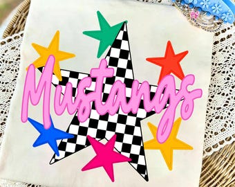 Mustangs PNG, Checkered Star Mustangs Mascot PNG, Colorful Stars School Spirit Game Day Shirt Design, Team Spirit Sublimation PNG