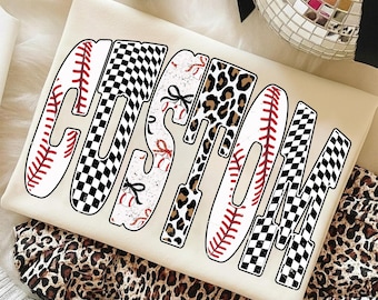Nome mascotte baseball personalizzato in formato PNG, design del nome della squadra personalizzato, testo sullo spirito scolastico, motivo a scacchi leopardati, download digitale tramite sublimazione