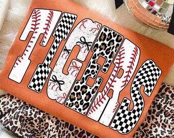 Tigers Baseball PNG, Game Day School Spirit Shirt Design, Team Mascot Leopard Checker Bow Letters, Sublimation Digital Download