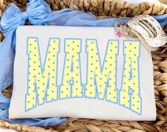 Mama PNG, Yellow Blue Polka Dot Mama PNG, Varsity Mama Shirt Design, Preppy Mom Sublimation PNG