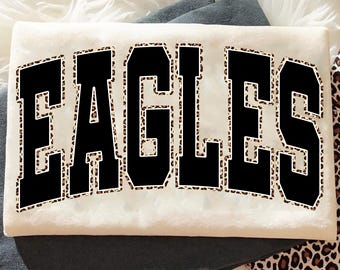 Eagles PNG, Letras com Estampa de Leopardo Universitária, Design para Camiseta de Dia de Jogo com Espírito Escolar, Sublimação PNG do Mascote do Time, Download Digital