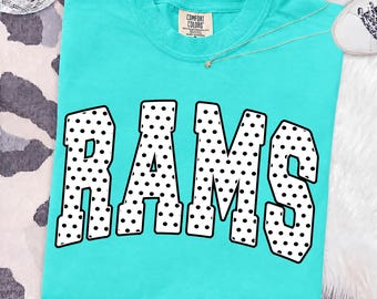 Rams PNG, Rams Mascot PNG, Polka Dot Varsity Rams Shirt Design, School Spirit Game Day Sublimation PNG