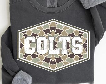 Colts PNG, Camo Colts Mascot PNG, Varsity School Spirit Game Day Shirt Design, Team Spirit Sublimation PNG