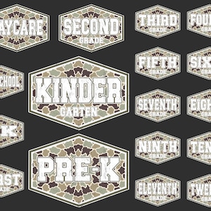 May include: A collection of hexagonal patches featuring a camouflage pattern in shades of green, brown, and tan. Each patch displays white block text indicating school levels from Daycare, Preschool, TK, Pre-K, and First through Twelfth Grade.