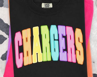 Chargers PNG, Colorful Striped Chargers Mascot PNG, Varsity School Spirit Game Day Shirt Design, Sublimation PNG