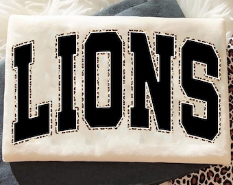 Lions PNG, Varsity Leopard Print Letters, School Spirit Game Day Shirt Design, Team Mascot Sublimation PNG, Digital Download