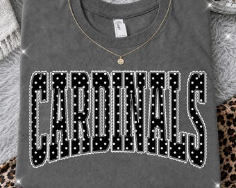 Cardinals PNG, Black Polka Dot Lace Cardinals Mascot PNG, Varsity School Spirit Game Day Shirt Design, Team Spirit Sublimation PNG