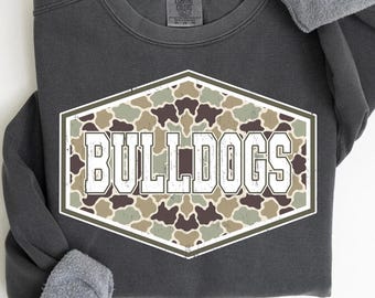 Bulldogs PNG, mascotte Bulldogs camo PNG, conception de chemise de jour de match esprit d'école universitaire, sublimation d'esprit d'équipe PNG