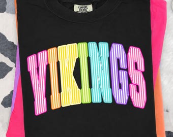 Vikings PNG, Colorful Striped Vikings Mascot PNG, Varsity School Spirit Game Day Shirt Design, Sublimation PNG